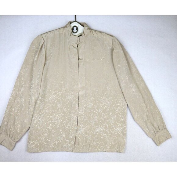 COUNTRY SUBURBANS - WOMEN'S BEIGE HIGH NECK SILKY TEXTURED VINTAGE BLOUSE - 10 - Picture 3 of 9